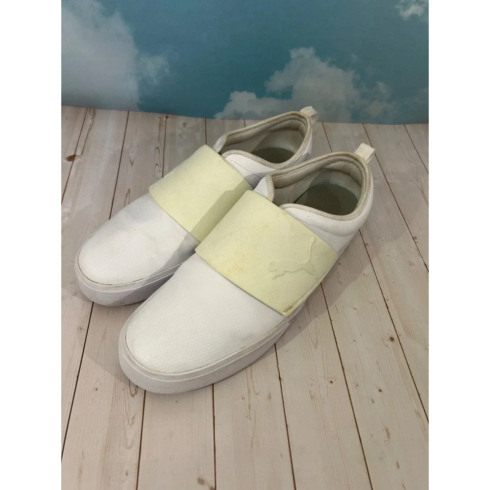 PUMA El Rey II All White Yellow Strap‎ Leather Sneakers Size 13